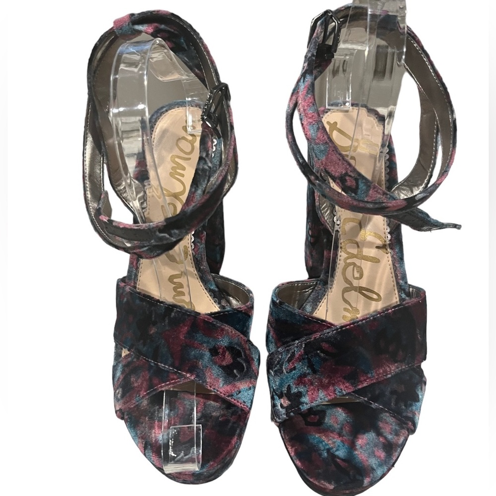 Sam Edelman Multicolor Velvet Platform Ankle-Tie Sandals - Teal, Pink, Black - Picture 3 of 10